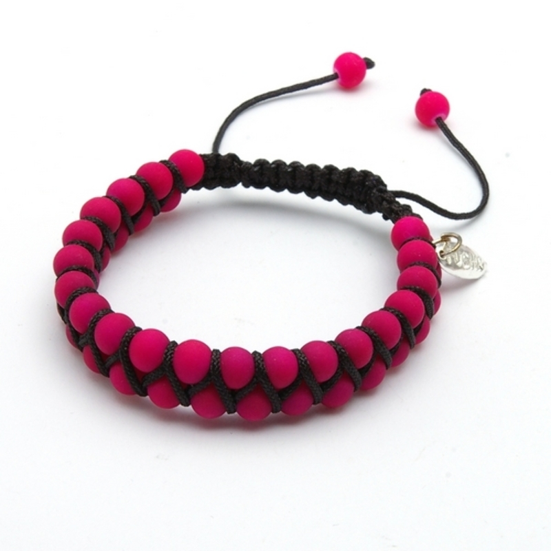 Armband rubber met touw neonkleuren fuchsia