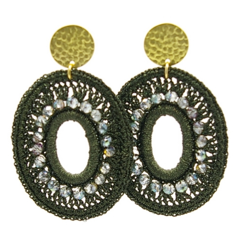 Oorbellen satijndraad ovaal open legergroen