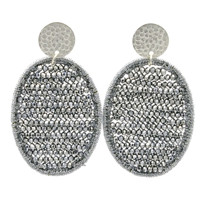 Oorbellen satijndraad met facet ovaal zilver