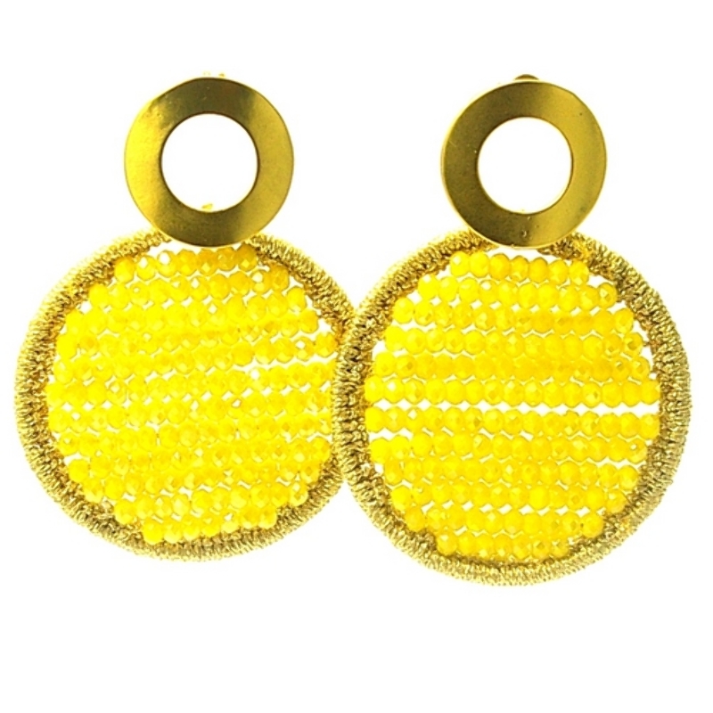 Oorbellen satijndraad met facet rond geel