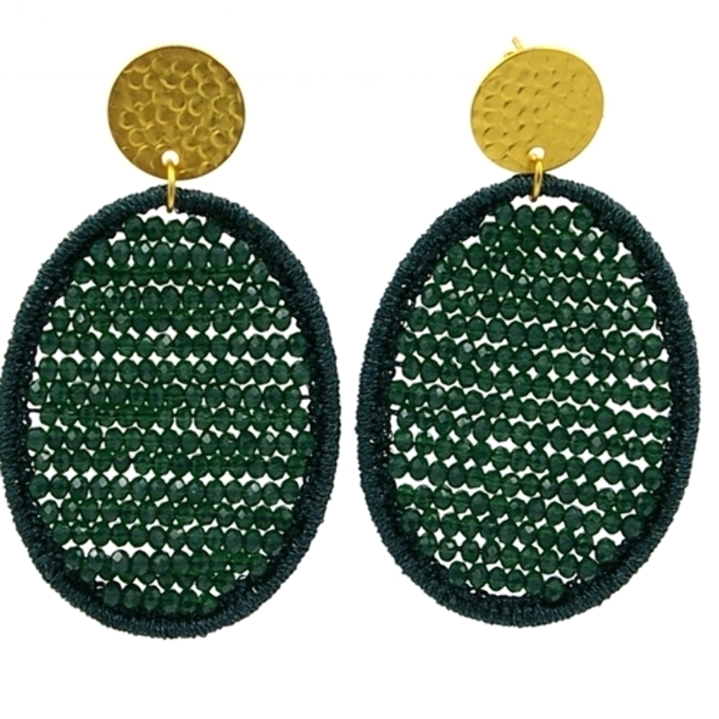 Oorbellen satijndraad met facet ovaal petrol met steker goud