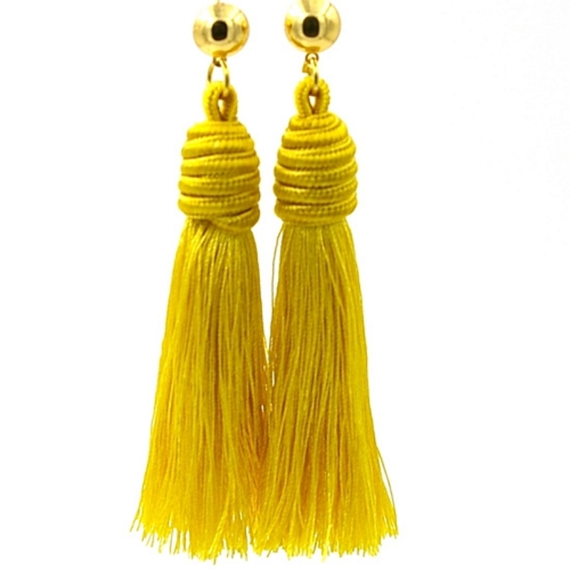 Oorbellen satijndraad kwast geel met gouden steker