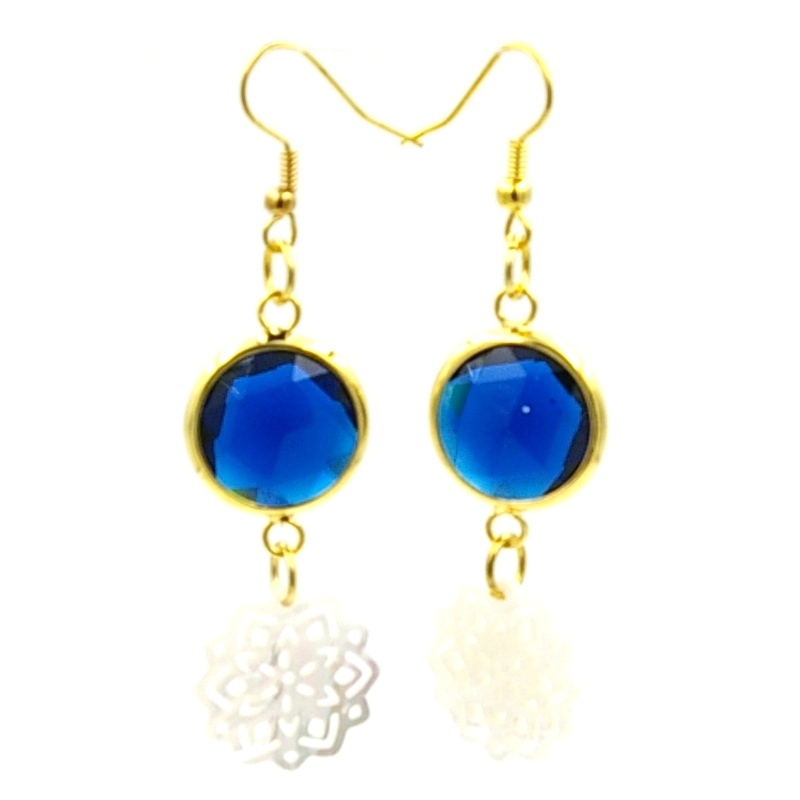 Oorbellen facet geslepen crystal rond blauw met goud