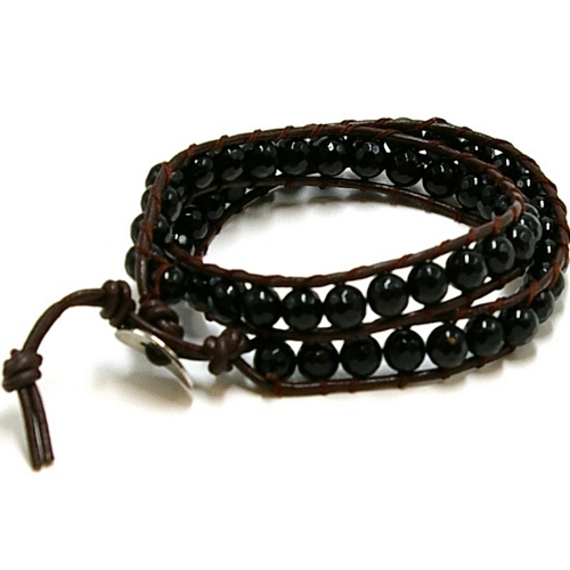 Armband wrap met zwart facet agaat en natuurleer