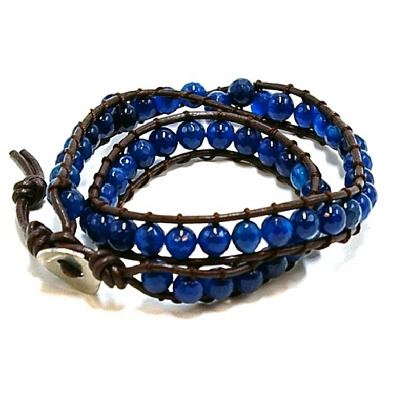 Armband wrap blauw facet agaat en natuurleer