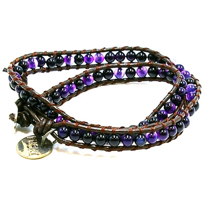 Armband wikkel halfedelsteen amethyst en natuurleer Armband wikkel halfedelsteen amethyst en natuurleer