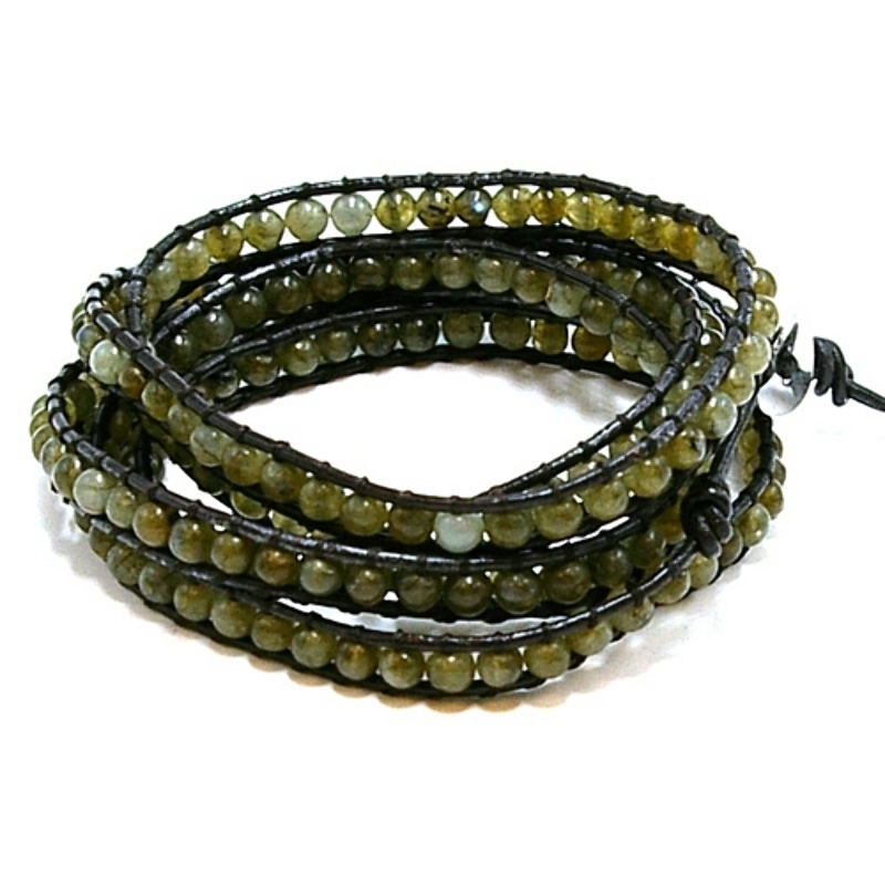 Armband wikkel halfedelsteen labradorite en natuurleer