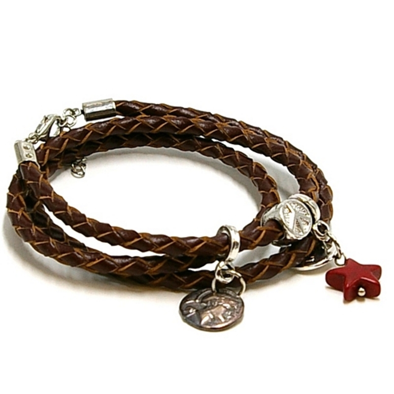 Armband gevlochten natuurleer wrap 3 rij bruin