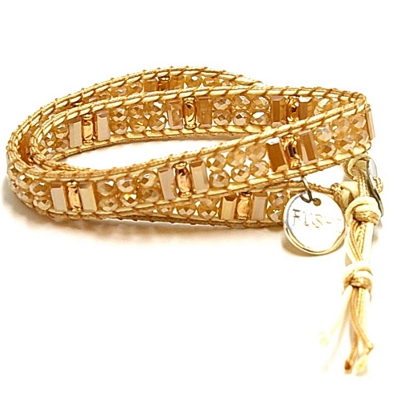 Armband plat geweven 2-wrap met waxkoord en facetkralen (champagne)