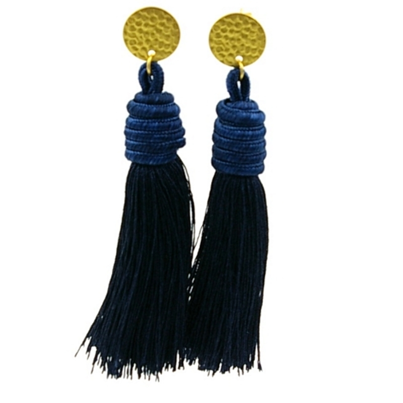 Oorbellen satijndraad kwast donkerblauw met gouden steker