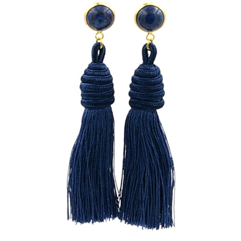 Oorbellen satijndraad kwast donkerblauw met lapis knop