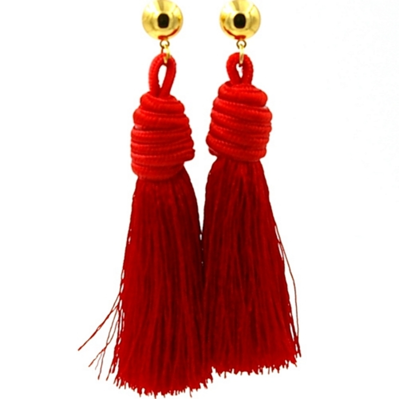 Oorbellen satijndraad kwast rood met gouden steker