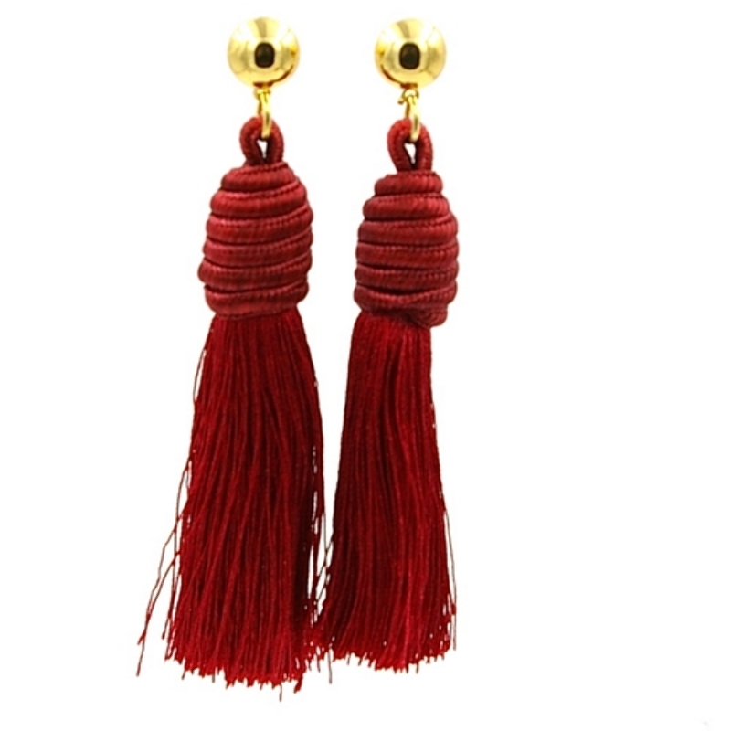 Oorbellen satijndraad kwast bordeaux met gouden steker