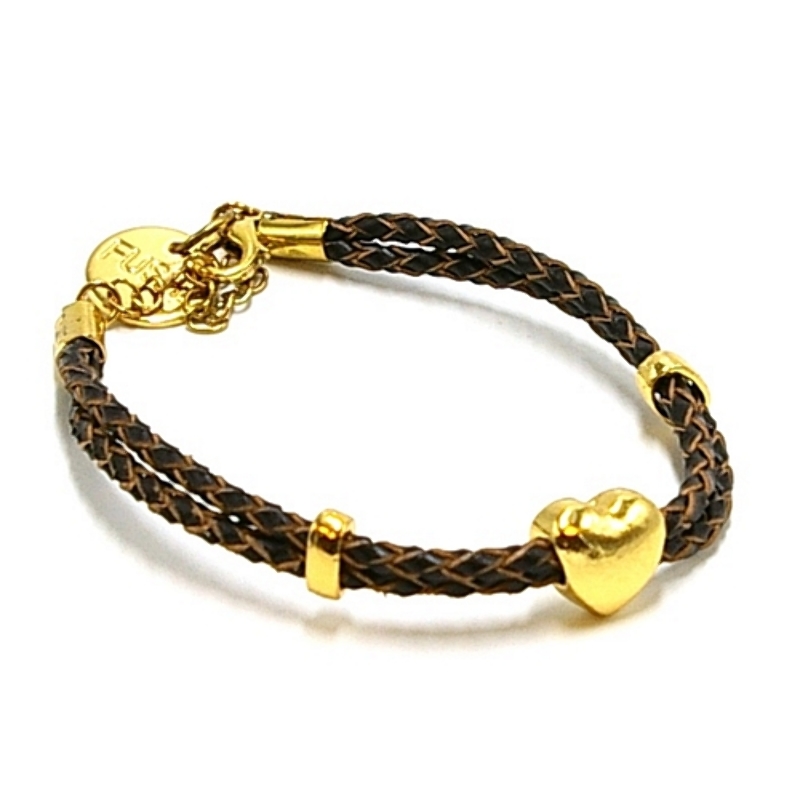Armband gevlochten natuurleer met verguld goud hartje donkerbruin
