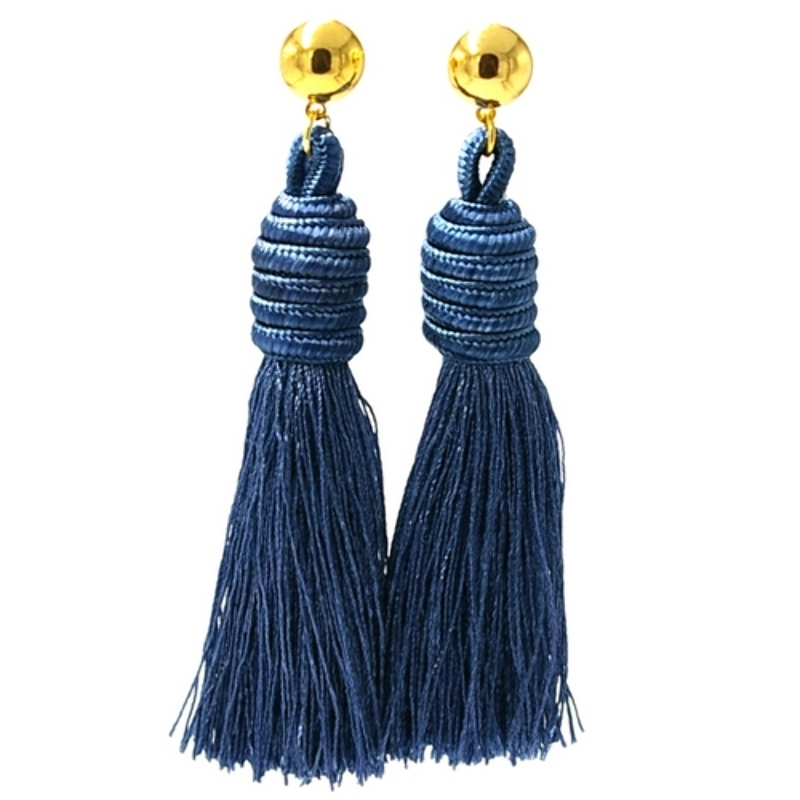 Oorbellen satijndraad kwast blauw met gouden steker