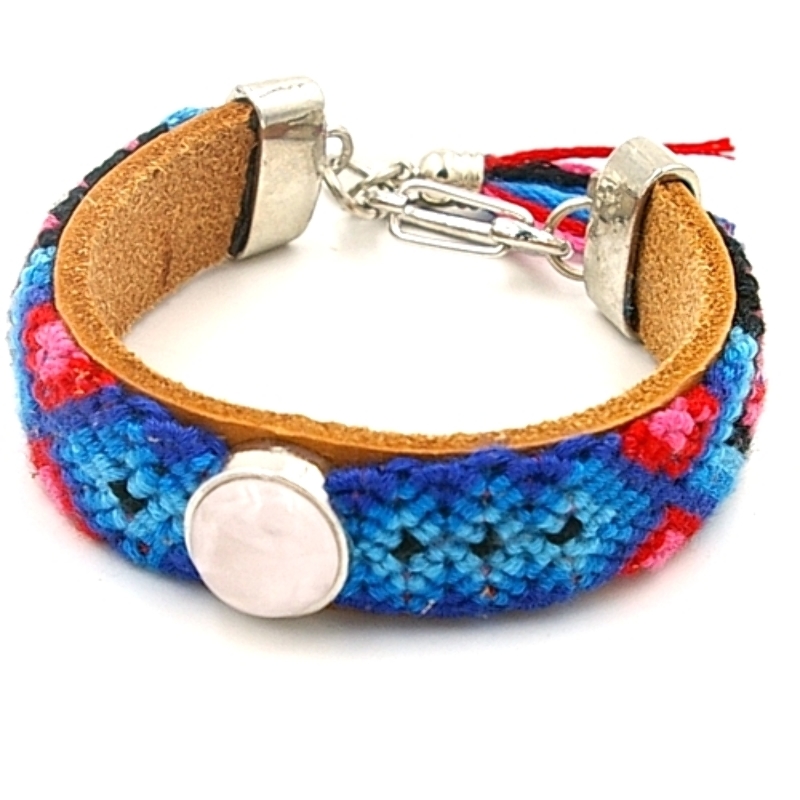 Armband leer met geweven armband en rozekwarts steen