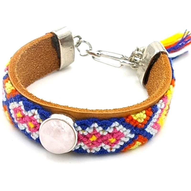 Armband leer met geweven armband en rozekwarts steen