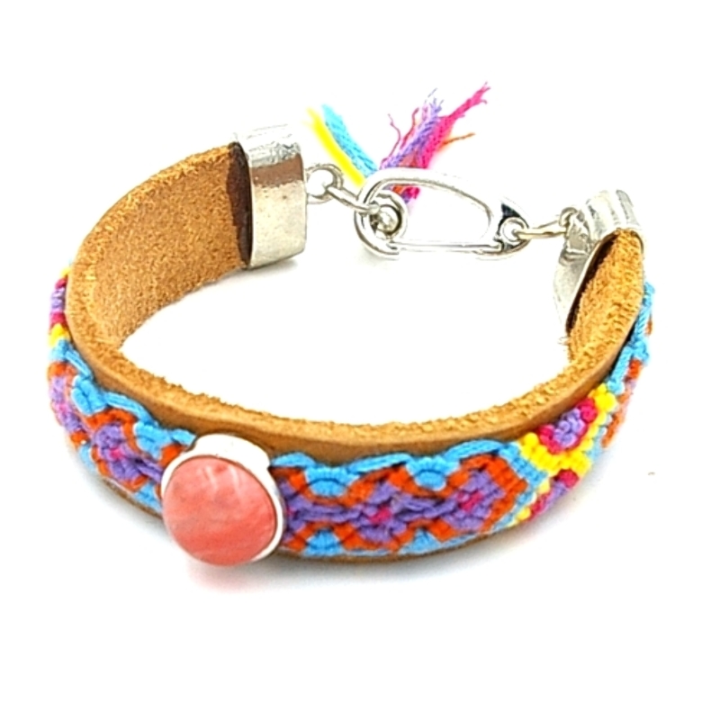 Armband leer met geweven armband en cherry quartz steen