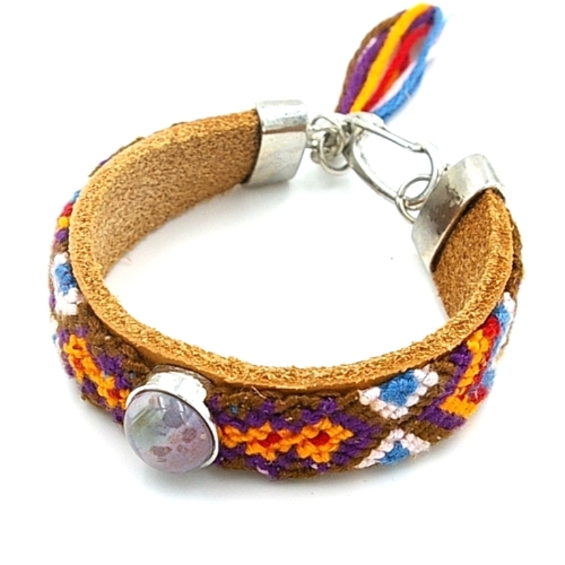 Armband leer met geweven armband en paarse steen