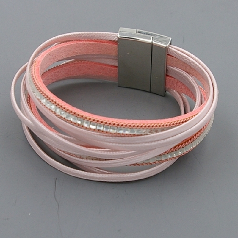 Armband pu leer roze  met glitter steentjes