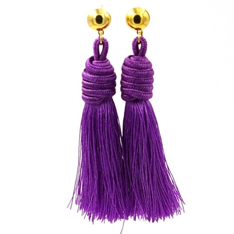 Oorbellen satijndraad kwast paars met gouden steker