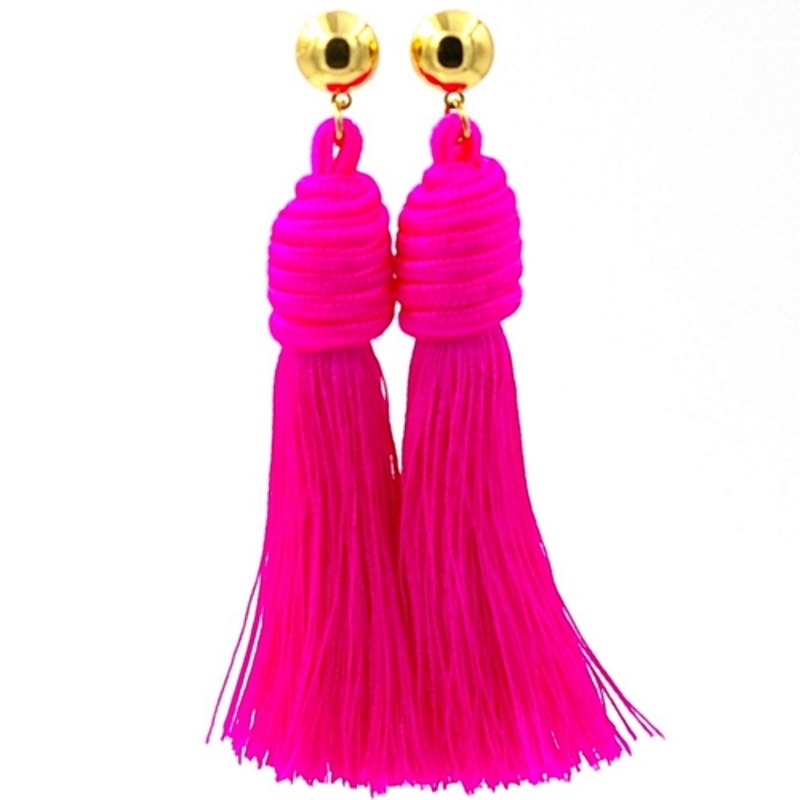 Oorbellen satijndraad kwast fuchsia met gouden steker