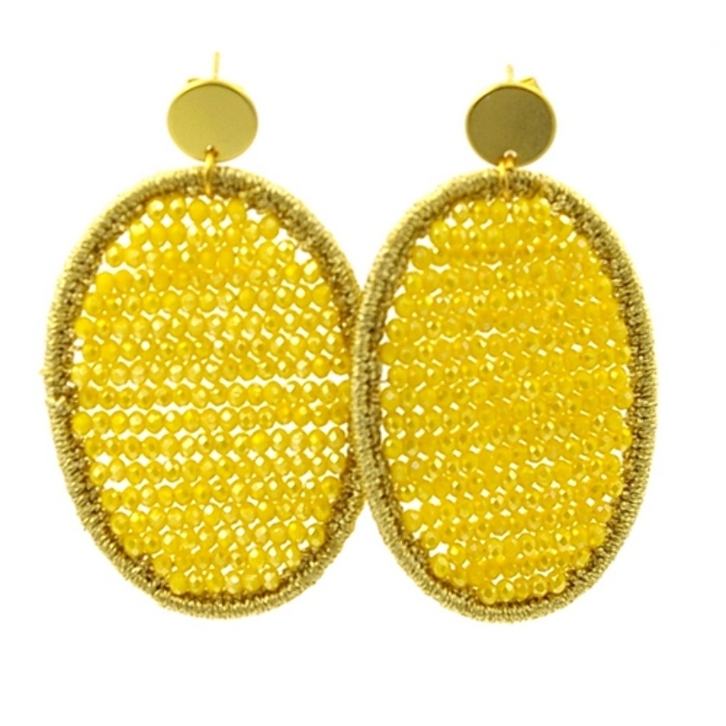 Oorbellen satijndraad met facet ovaal geel