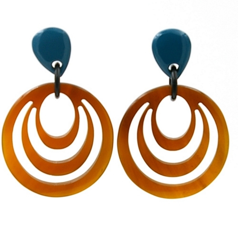 Oorbellen buffelhoorn cirkel met lacquer petrol knop