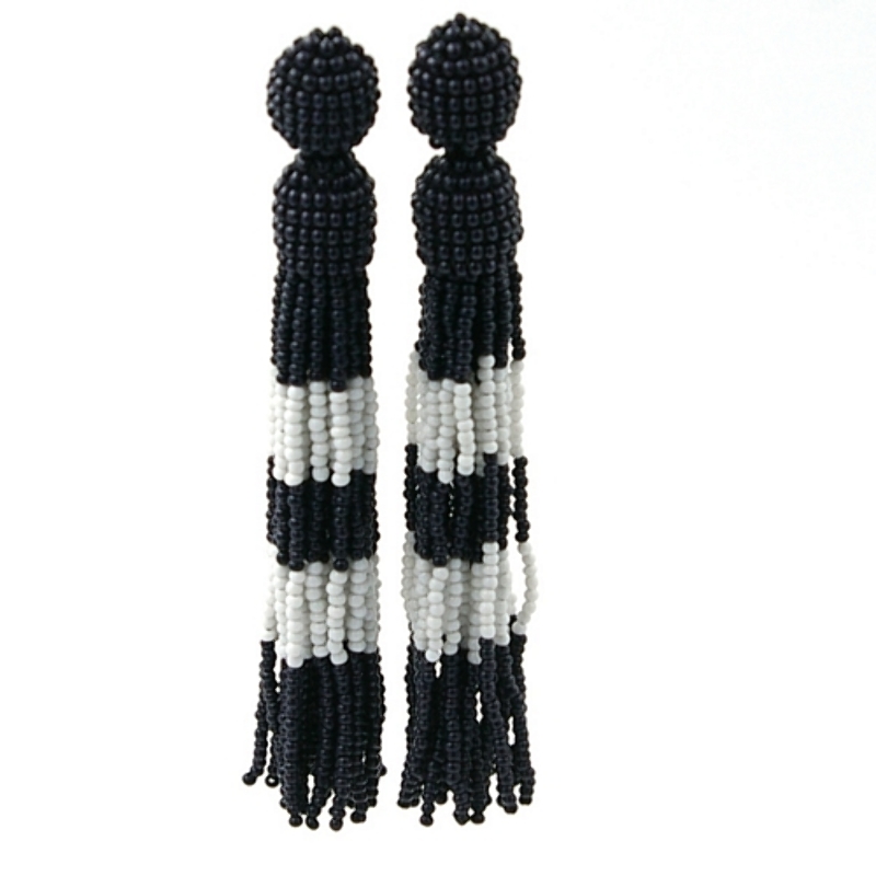 Oorbellen kwast 3mm rocailles zwart/wit
