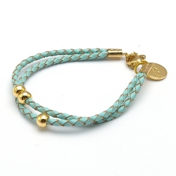Armband gevlochten natuurleer met verguld goud balletjes