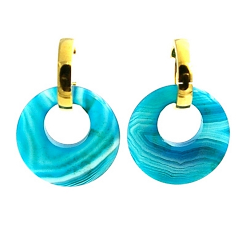 Oorbellen halfedelsteen hanger rond agaat blauw met stainless steel creolen