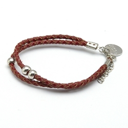 Armband gevlochten natuurleer met verzilverde balletjes