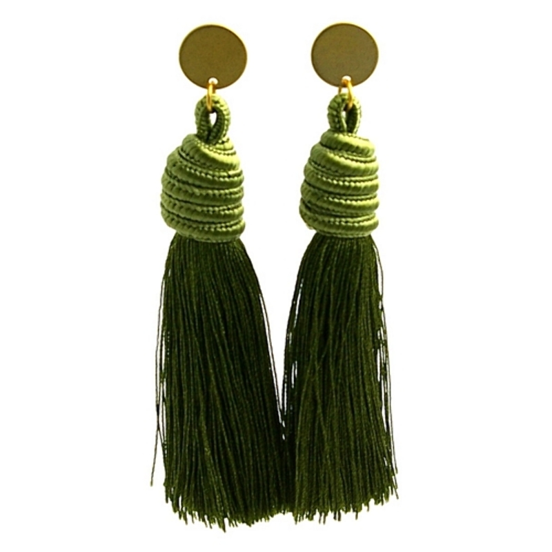 Oorbellen satijndraad kwast army met gouden steker