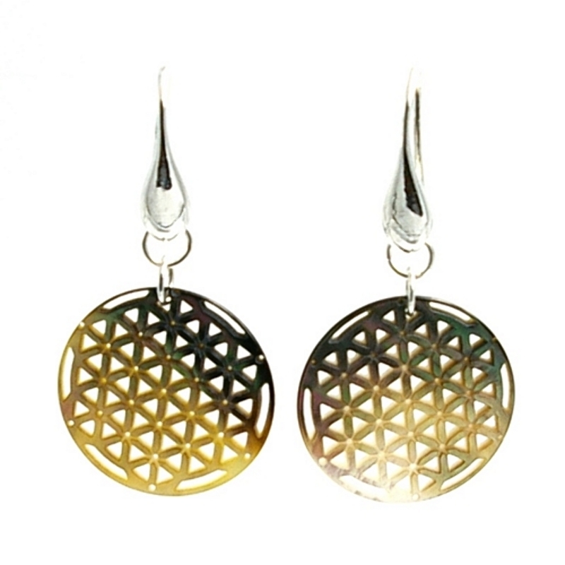 Oorbellen mother of pearl grey rond opengewerkt met zilveren haakjes