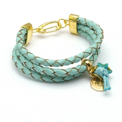 Armband gevlochten natuurleer 3 rij turquoise