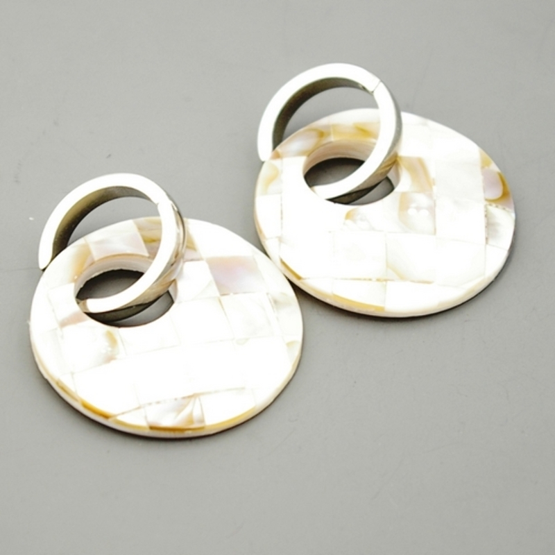 Oorbellen mother of pearl rond ingelegd paarlemoer/bruin met zilveren stainless steel creool