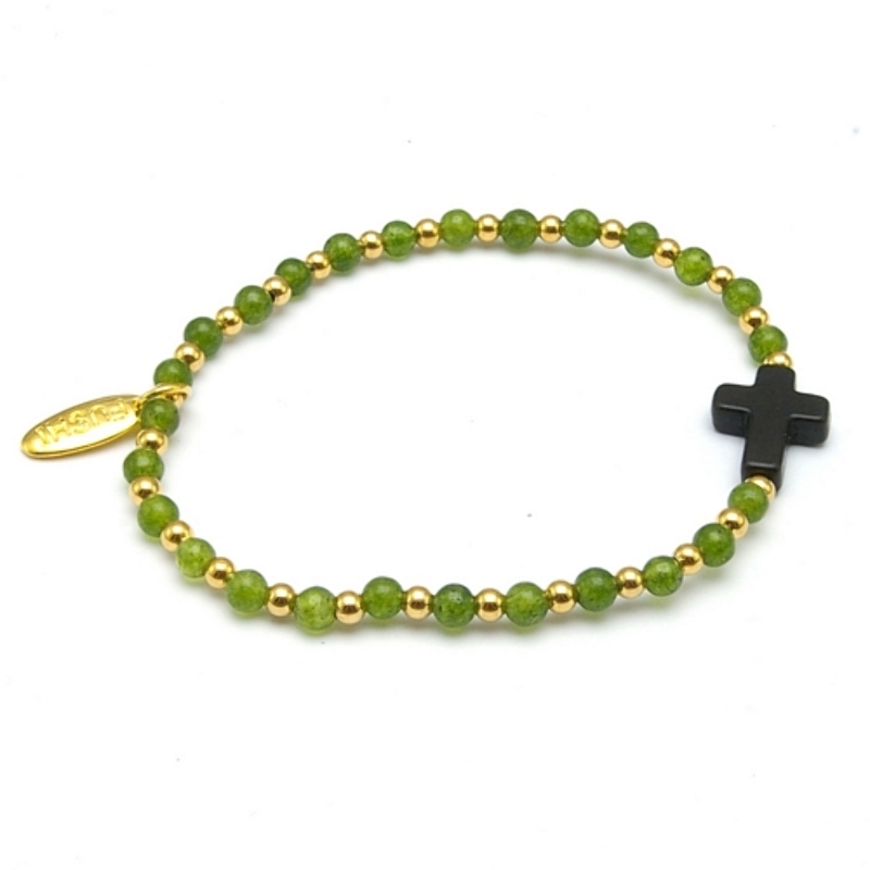 Armband steenkralen groen en gekleurd turquoise met verguld gouden balletjes