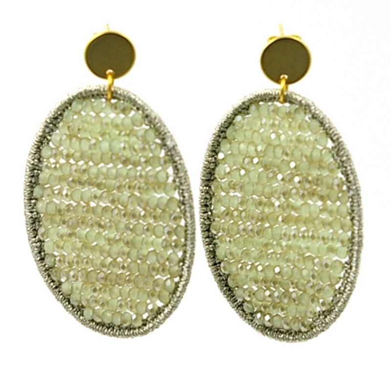 Oorbellen satijndraad met facet ovaal grijs/groen