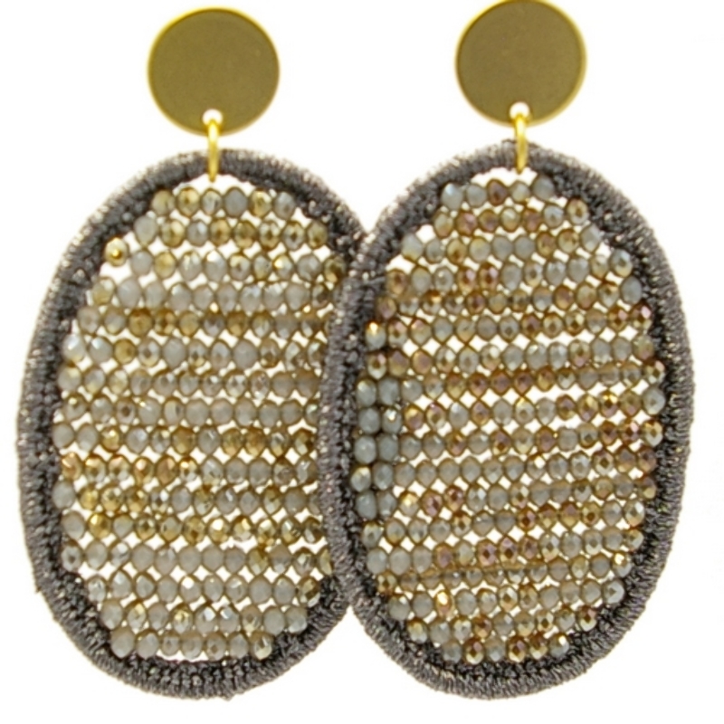 Oorbellen satijndraad met facet ovaal donkergrijs/goud