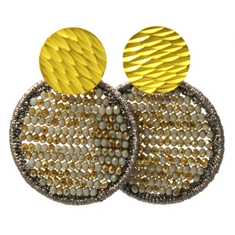 Oorbellen satijndraad met facet rond donkergrijs/goud