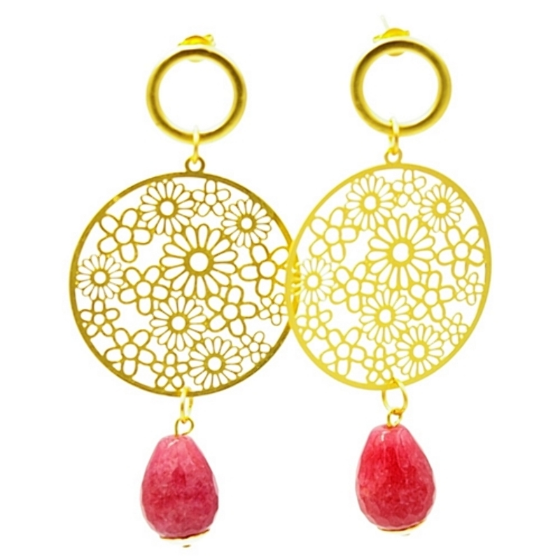 Oorbellen filligrain plaatje goud met agaat druppel fuchsia