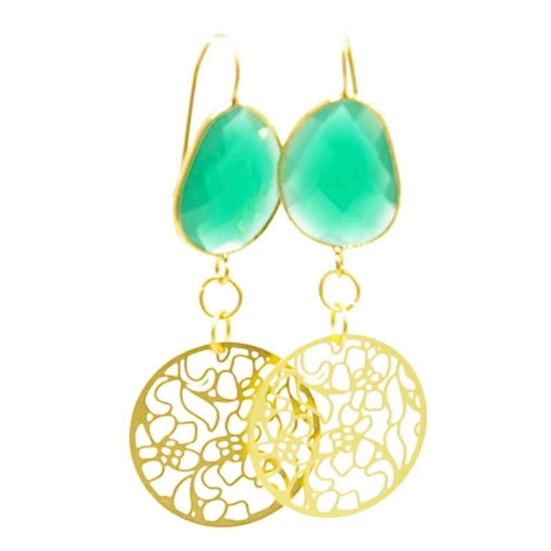 Oorbellen filligrain plaatje met groen facet steker
