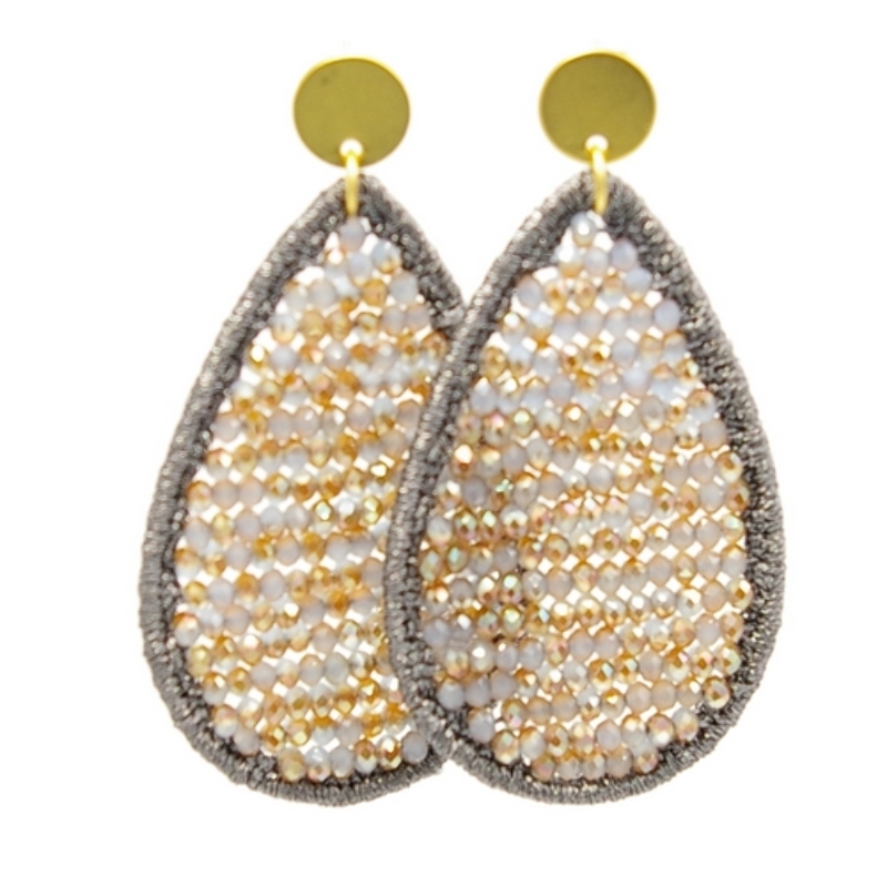 Oorbellen satijndraad met facet druppel grijs/brons