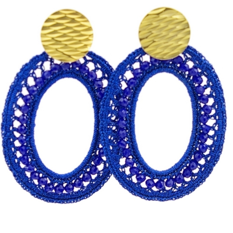 Oorbellen satijndraad met facet ovaal XL koningsblauw