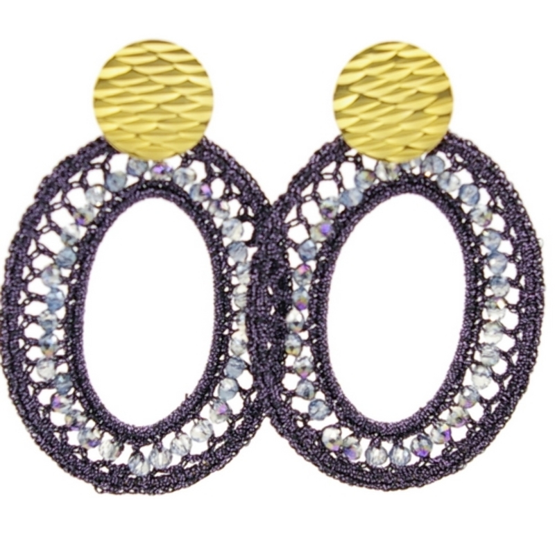 Oorbellen satijndraad met facet ovaal XL paars