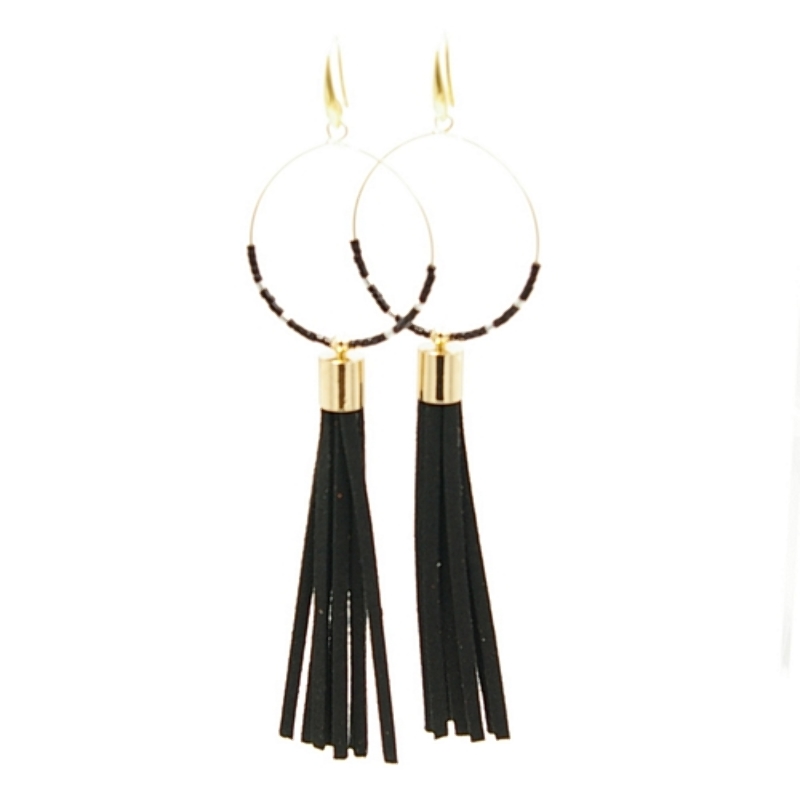 Oorbellen creolen goud met veterkwast zwart