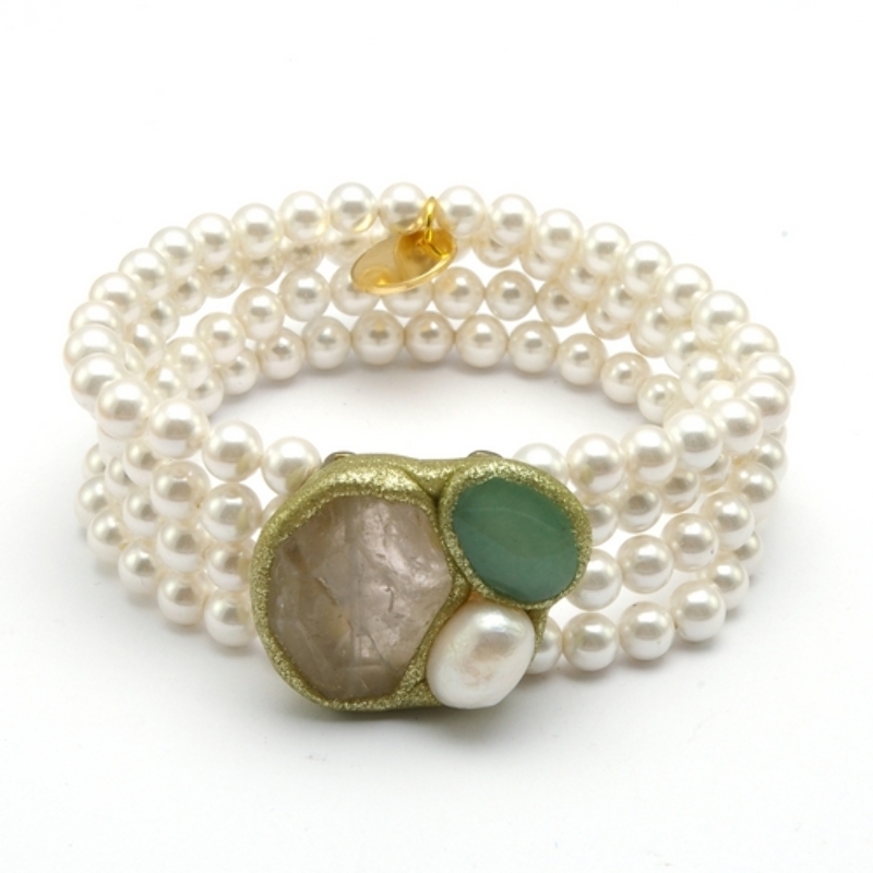 Armband zoetwaterparel 3 rij met halfedelsteen steen
