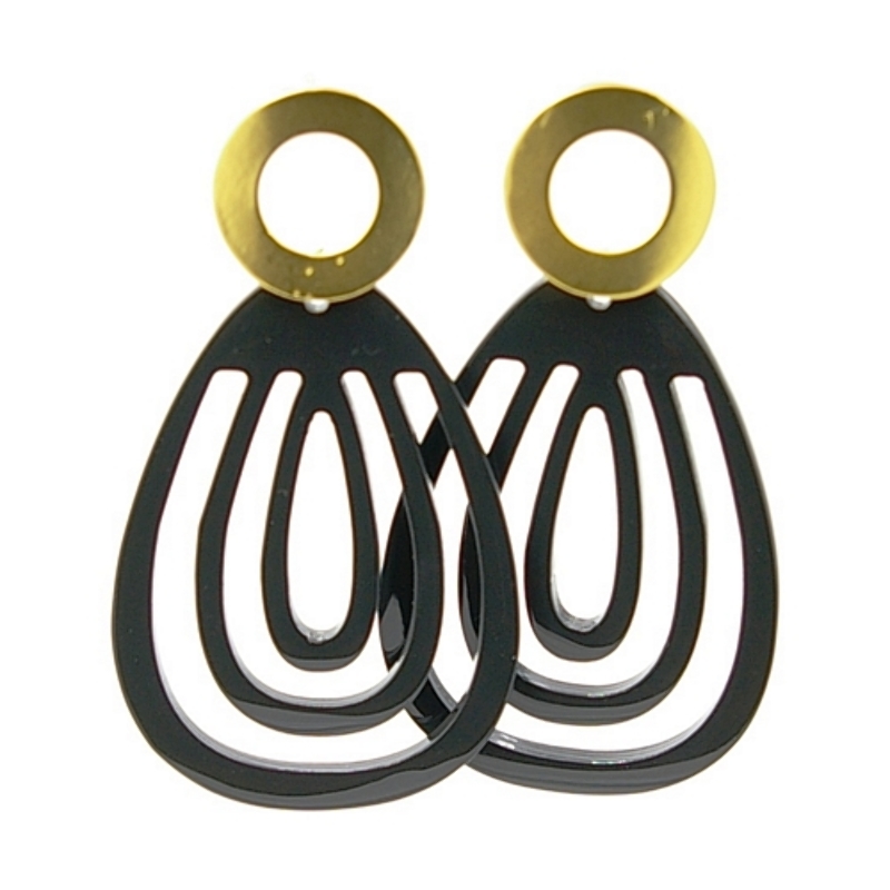 Oorbellen buffelhoorn druppel 3-rij zwart