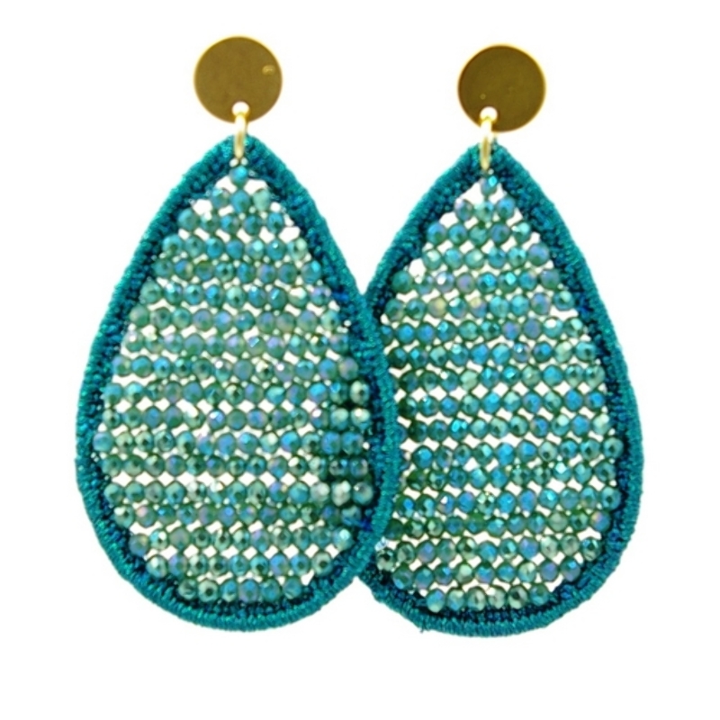 Oorbellen satijndraad met facet druppel petrol