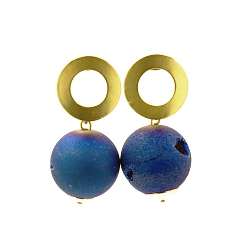 Oorbellen mat metaal met blauwe drust bal